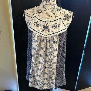 Xhilaration Blue and White Embroidered Bib Collar Tank Top